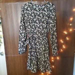 Shein Curve Black Floral Peasant Dress with Tie